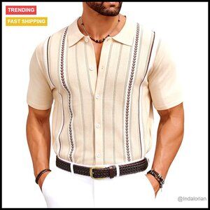Men's Knit Polo Shirt Casual Short Sleeve Button Down Retro Beach Fit